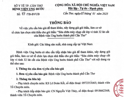 TB số 89TB BVUB ngày 20 1 25 vv thông báo chào giá gói SC máy chụp cắt lớp vi tính 32 lát của BVUB