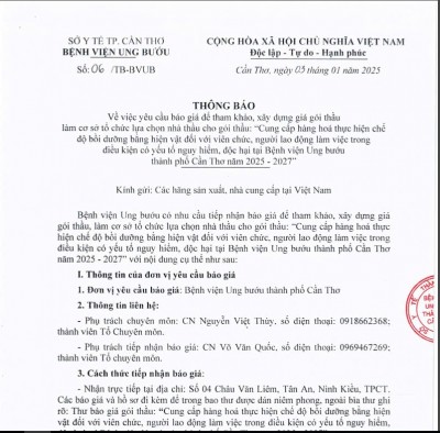 Thông báo mời báo giá xây dựng giá gói thầu làm cơ sở tổ chức lựa chọn nhà thầu: Cung cấp hàng hóa thực hiện chế  độ bồi dưỡng bằng hiện vật đối với viên chức, người lao động  tại Bệnh viện