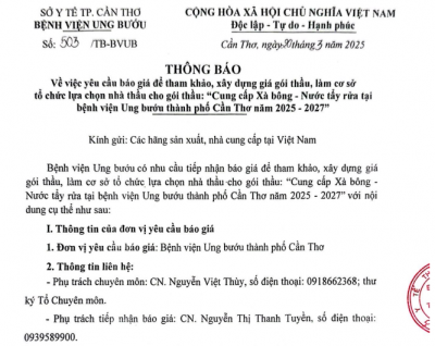 TB số 503 BVUB vv Chọn nhà thàu Cung cấp xà bông Nước tẩy rửa 2025 2027