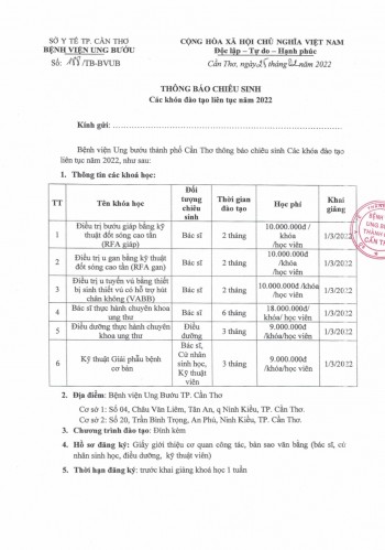 BVUBCT THÔNG BÁO CHIÊU SINH ĐTLT THÁNG 3