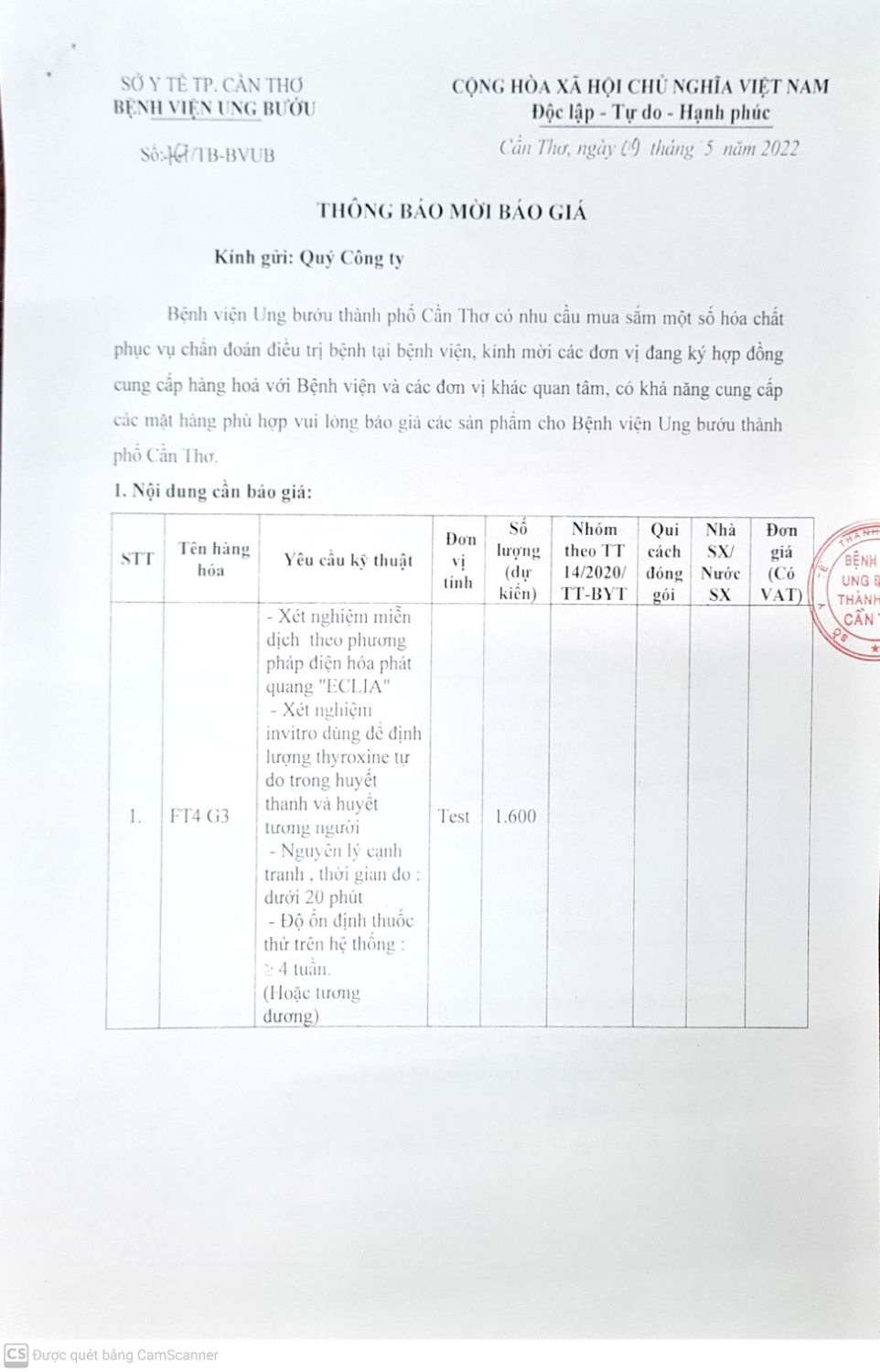 THÔNG BÁO MỜI BÁO GIÁ