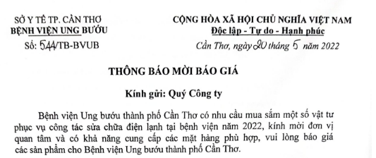 Thông báo mời báo giá vật tư tại BV Ung Bướu Tp. Cần Thơ