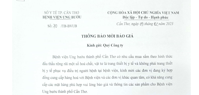 Thông báo mời báo giá Hóa Chất - VT TTBYT  năm 2023