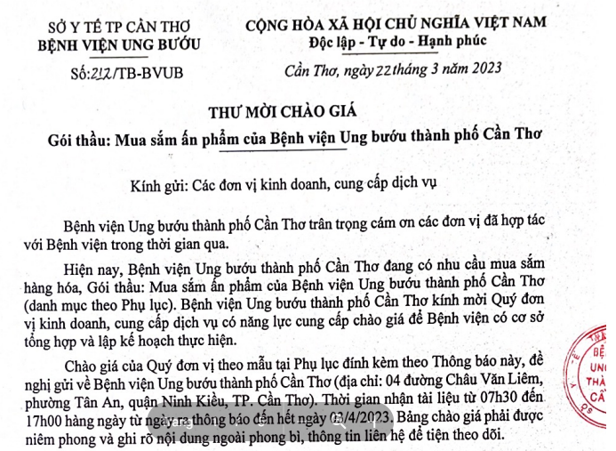 Thông báo: Mời Chào giá ấn phẩm tại BVUB Cần Thơ