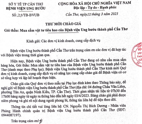 Thông báo: Mời báo giá Vật Tư Tiêu Hao