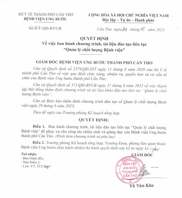 Quyết định ban hành chương trình, tài liệu đào tạo liên tục "Quản lý chất lượng Bệnh viện"
