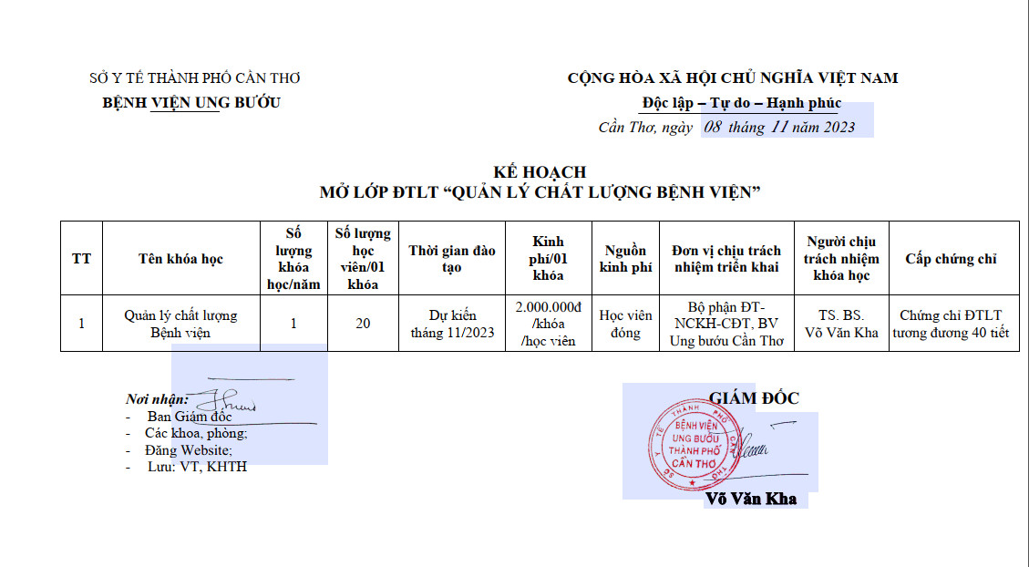 Kế hoạch Mở lớp ĐTLT Quản lý chất lượng Bệnh viện