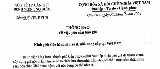 THÔNG BÁO MỜI BÁO GIÁ HÓA CHẤT CHO KHOA GPB