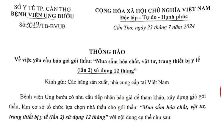 TB-BVUBCT Số 3019 VV mời báo giá gói thầu mua sắm hóa chất, VTTTBYT LẦN 2
