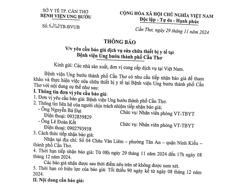 TB BVUBCT 5202 về việc yêu cầu báo giá dịch vụ sửa chữa thiết bị y tế tại Bệnh viện Ung bướu TPCT