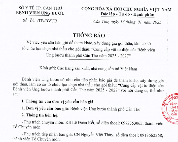 Thông báo số 81 ngày VV CC vật tư điện cho BVUB TPCT
