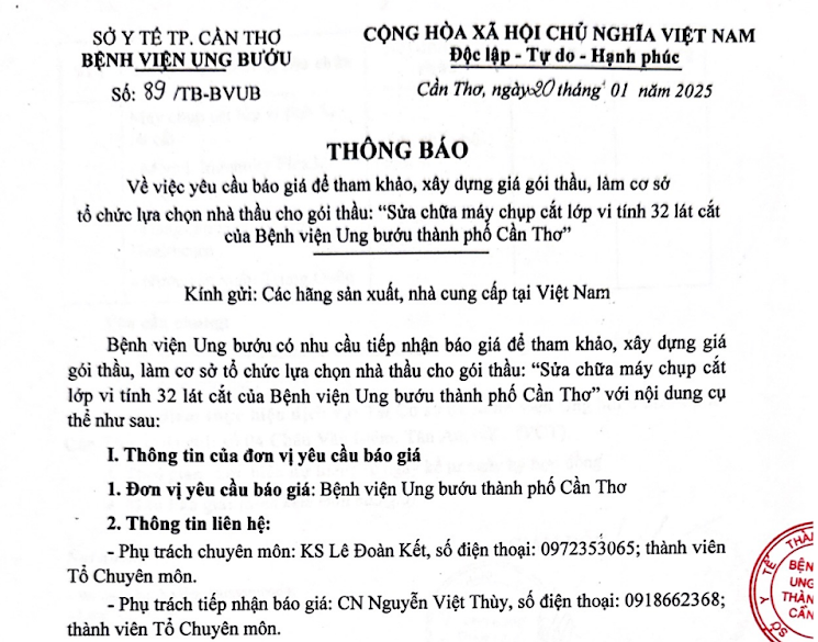 TB số 89TB BVUB ngày 20 1 25 vv thông báo chào giá gói SC máy chụp cắt lớp vi tính 32 lát của BVUB