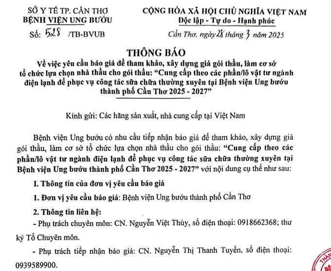 TB 528 TB BVUB Vv Cung cấp theo các phần vật tư ngành điện lạnh phục vụ công tác sửa chữa tại BV Ung bướu TPCT 2025 2027