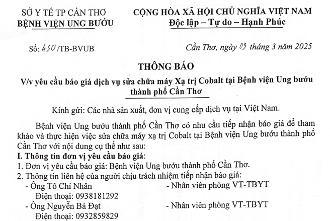 TB BVUB 430 về việc yêu cầu báo giá dịch vụ sửa chữa máy Xạ Trị Cobalt tại Bệnh viện Ung bướu thành phố Cần Thơ